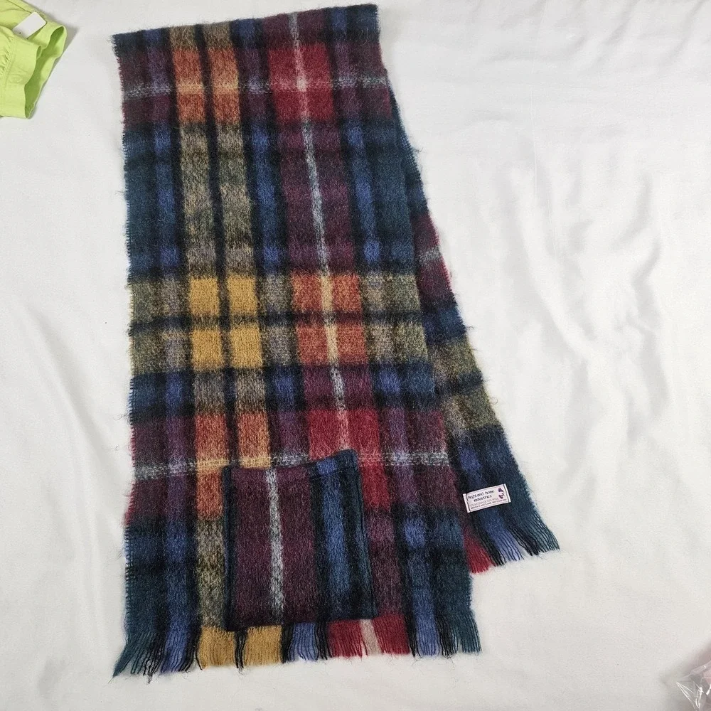 Vtg Highland Home Ind Mohair Wool Shawl‎ Pockets Red Yellow Plaid Scarf 16 X 74